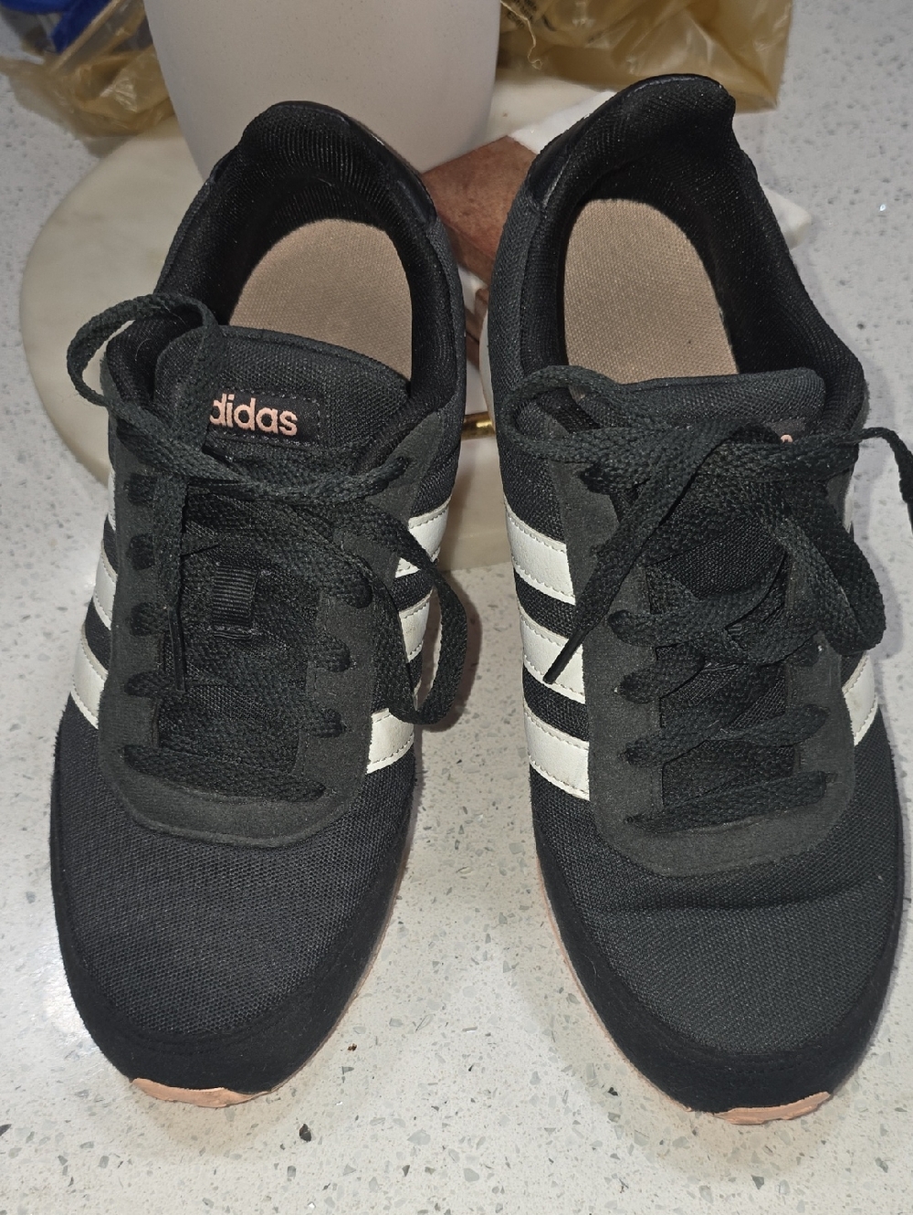 adidas Black Sneakers with White Stripes and Pink Logo